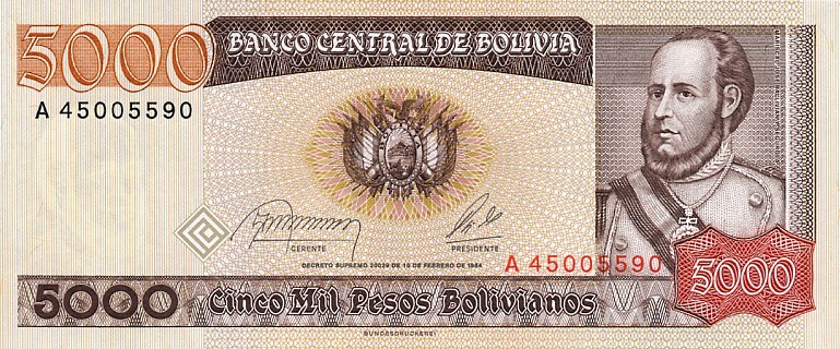 Bolivia 5000 Pesos Bolivianos P-168